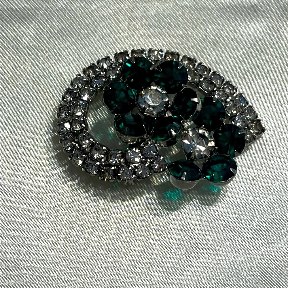 Vintage Silver and Teal Crystal Brooch